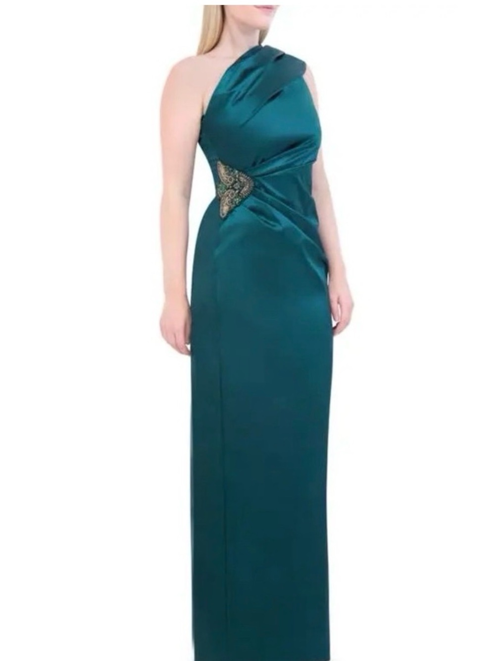 Eliza J Teal One-Shoulder Evening Gown with Beaded Waist Accent